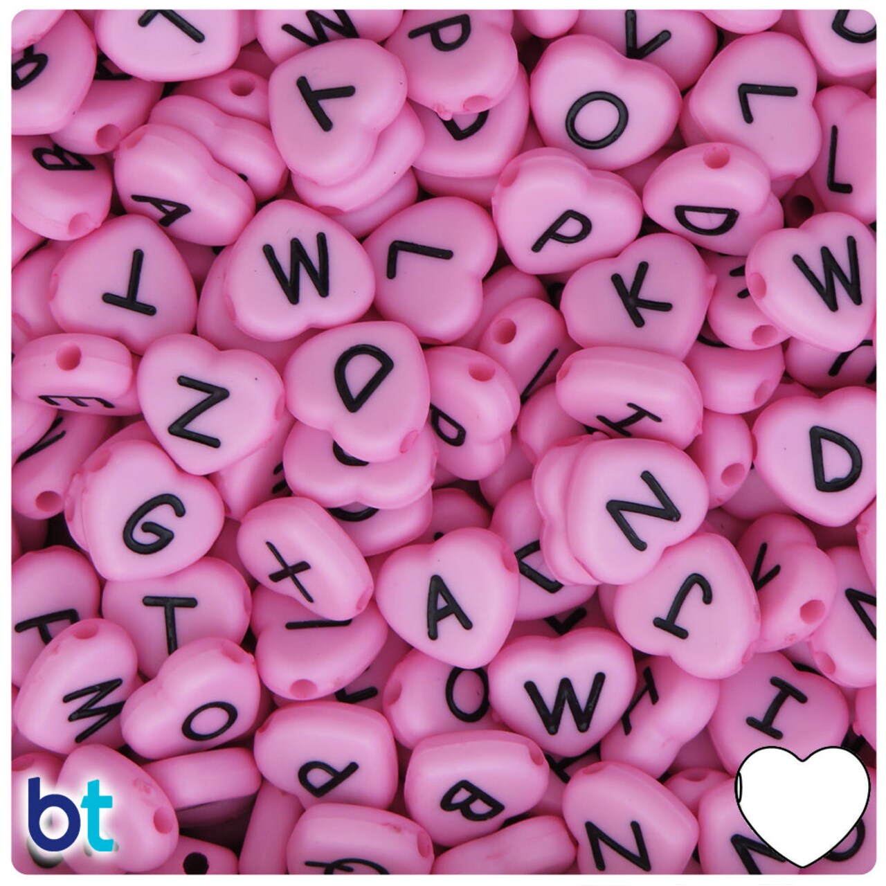 BeadTin Light Pink Opaque 12mm Heart Plastic Alpha Beads - Black Letter Mix (120pcs)